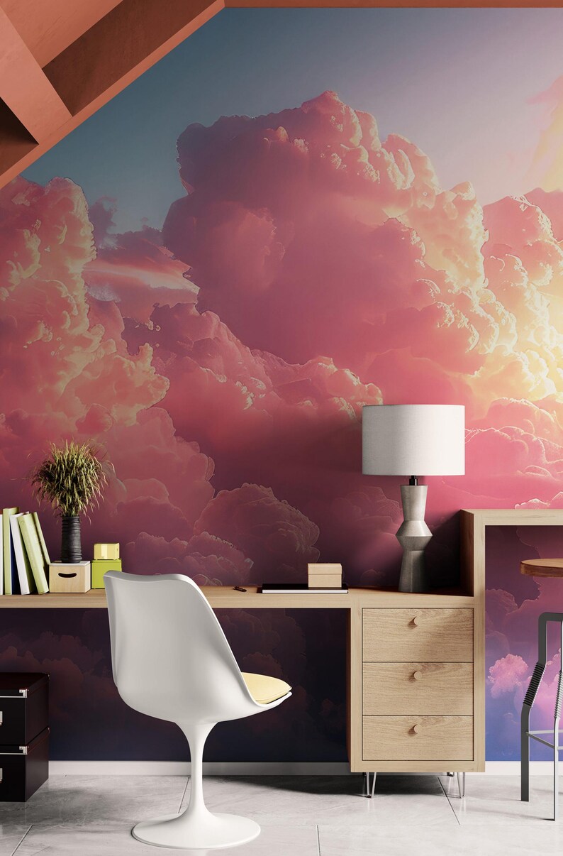 Pink Clouds Wallpaper Mural. Bedroom Peel and Stick Wall Mural ...