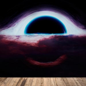 May include: A black hole with a bright blue and purple ring, surrounded by dark clouds, with a wooden floor in the foreground.