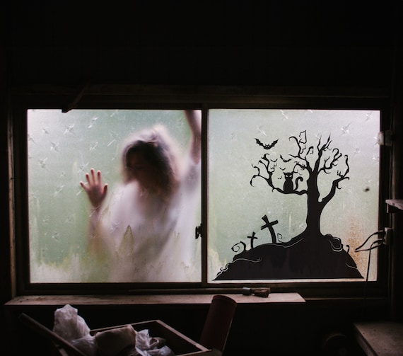 Halloween Wall Decor Spooky Tree Wall Decal Sticker. Spooky Graveyard Tree with Bat Wall Decal Halloween Theme Decorations.  #1014