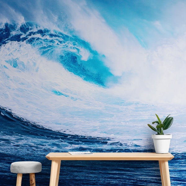 Surf Wave Wallpaper Peel and Stick Mural. Blue Ocean Waves Wall Mural. Surfer Wall Art. Seaside, Beach Theme, Beach House Decor. #6670