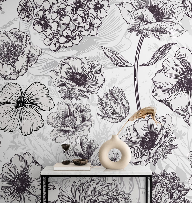 Black and White Flower Wallpaper Mural. Farmhouse Decor. Blossom Floral ...