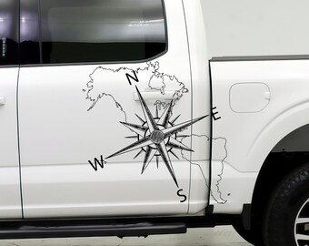 Map Compass Vehicle Decal. Nautical Wall Decal. World Map theme Decor. Ford, Toyota, Chevy, Dodge Truck Graphic Decal Sticker. #6018