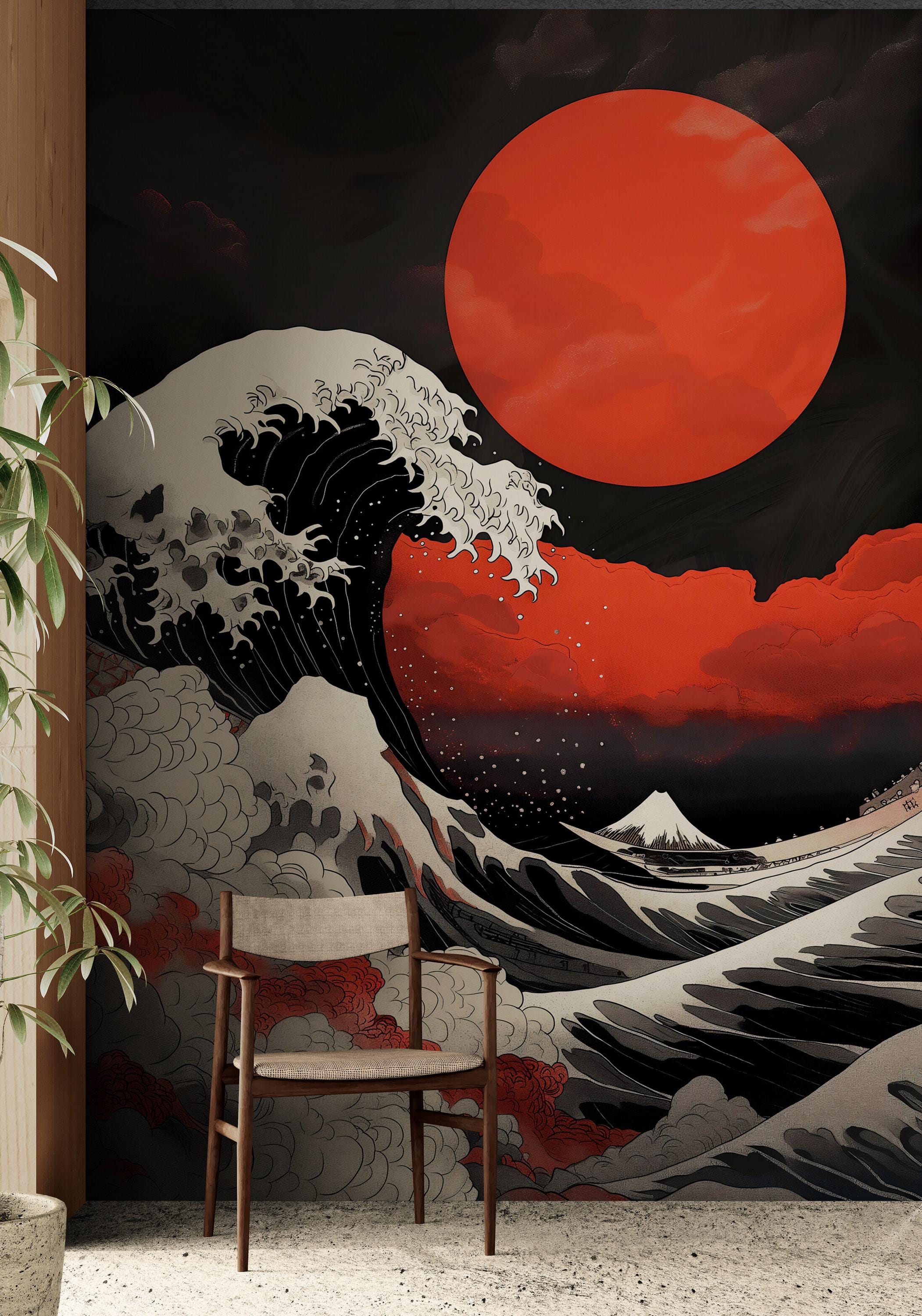 Red Great Wave off Kanagawa Wallpaper Mural. Modern Urban Hokusai