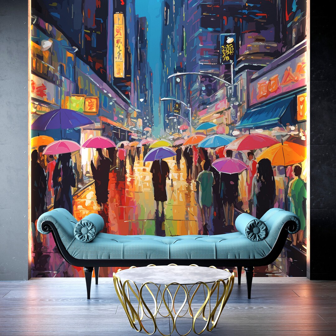 Image showcasing Raining Cityscape Wallpaper Mural - Abstract Bright Color Wall Mural ...