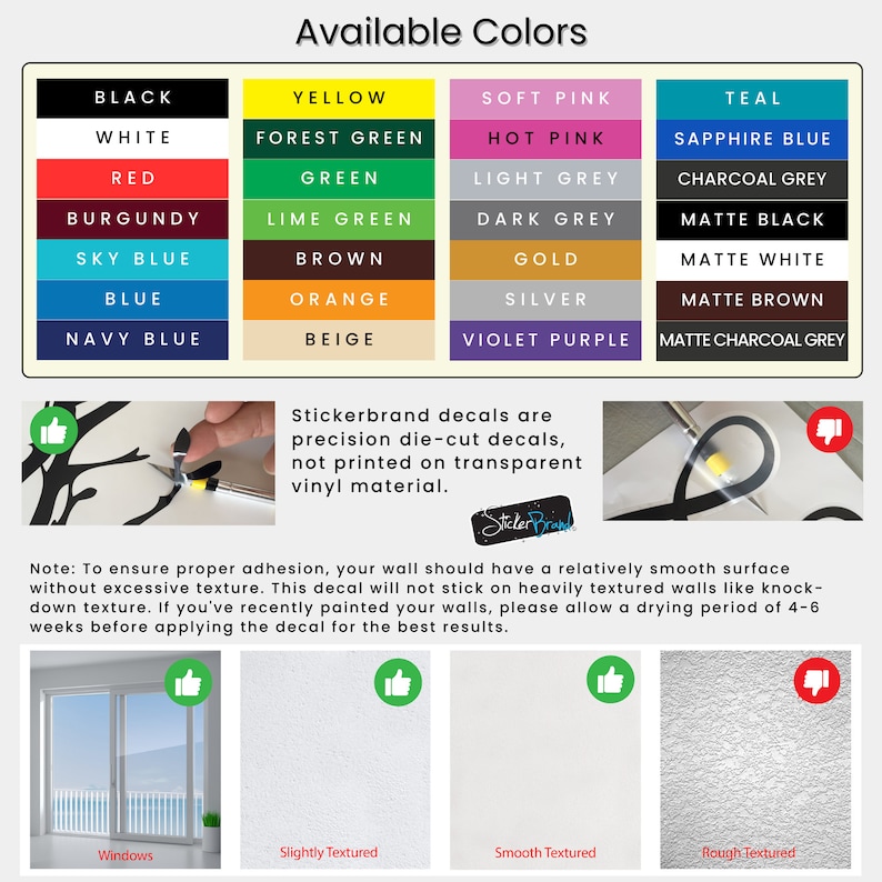 Puede incluir: Un gr&aacute;fico que muestra los colores disponibles para una calcoman&iacute;a de pared. Los colores incluyen negro, blanco, rojo, burdeos, azul cielo, azul, azul marino, amarillo, verde bosque, verde, verde lima, marr&oacute;n, naranja, beige, rosa claro, rosa intenso, gris claro, gris oscuro, dorado, plateado, morado, azul verdoso, azul zafiro, gris carb&oacute;n, negro mate, blanco mate, marr&oacute;n mate y gris carb&oacute;n mate. Tambi&eacute;n se incluye el texto "Las calcoman&iacute;as Stickerbrand son calcoman&iacute;as troqueladas con precisi&oacute;n, no impresas en vinilo transparente".