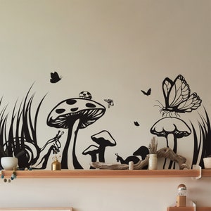 Floral Mushroom Field Vinyl Wall Decal Sticker. Mushroom Wall Decor. Kid&#39;s Room Wall Art. Fantasy Theme Decor. Flower Wall Art. #GFoster149