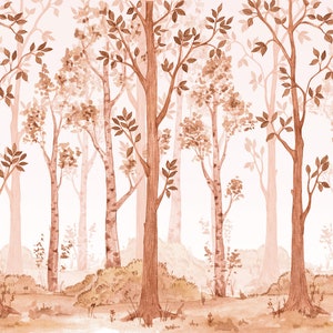 Forest Wallpaper Sepia Color Watercolor Birch Tree Forest Peel and Stick Wallpaper Self Adhesive Nursery Decor Woodland Decal #6526