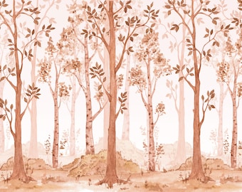 Forest Wallpaper Sepia Color Watercolor Birch Tree Forest Peel and Stick Wallpaper Self Adhesive Nursery Decor Woodland Decal #6526