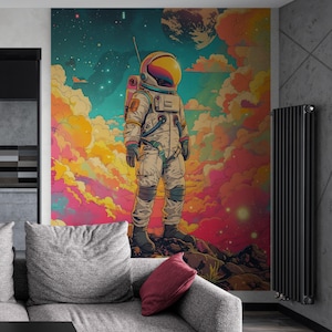 Colorful Astronaut Space Wall Mural. Kid&#39;s Room Wallpaper Decor. Game Room Wallpaper. Fantasy Galaxy Sci-Fi Peel & Stick Wallpaper. #6912