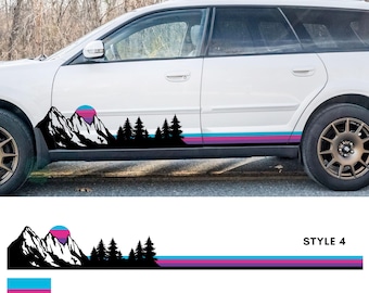 May include: White car with a black mountain and forest decal, a pink and blue stripe, and a purple and pink sunset. The decal is labeled "STYLE 4". Includes both left and right side decals.