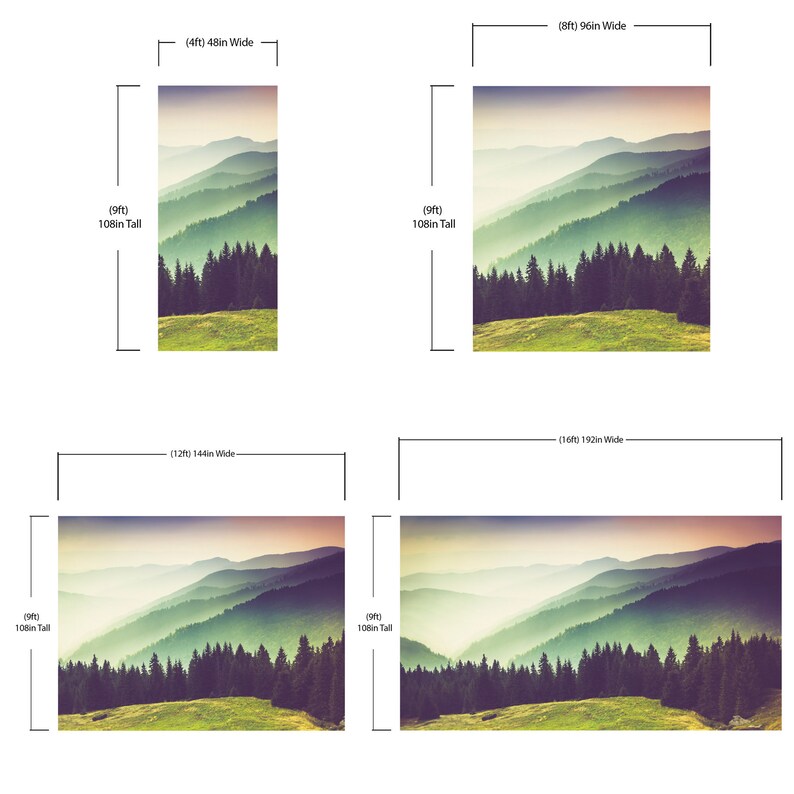 May include: Four rectangular wall murals featuring a mountain landscape with a green meadow, dark pine trees, and misty blue ridges. Dimensions shown are 48in x 108in, 96in x 108in, 144in x 108in, and 192in x 108in, indicating various width options.