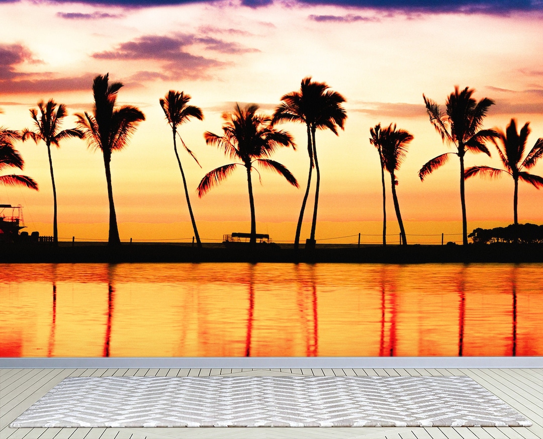 Tropical Sunset Palm Trees Wallpaper Peel and Stick Wall Mural. Beach ...