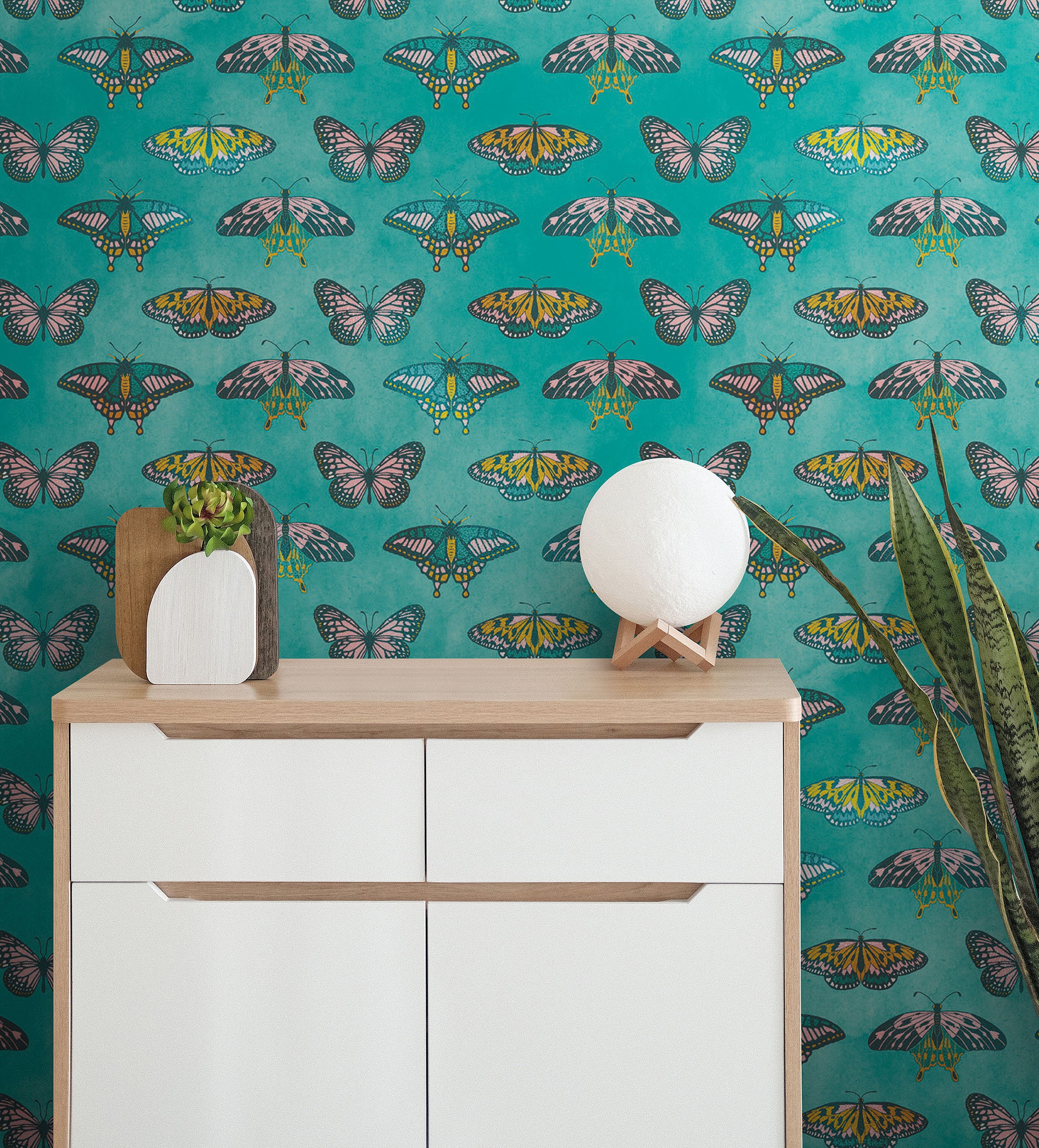 Butterfly Pattern on Green Background Wall Mural. Retro Design. Bedroom ...