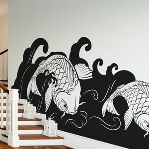 Koi Fish Wall Decal Sticker. Surfing Wall Decor. Ocean / Beach Wall Decal. Bathroom Wall Art. Tropical Wall Art. Koi Fish Art. OS_MB118 image 3