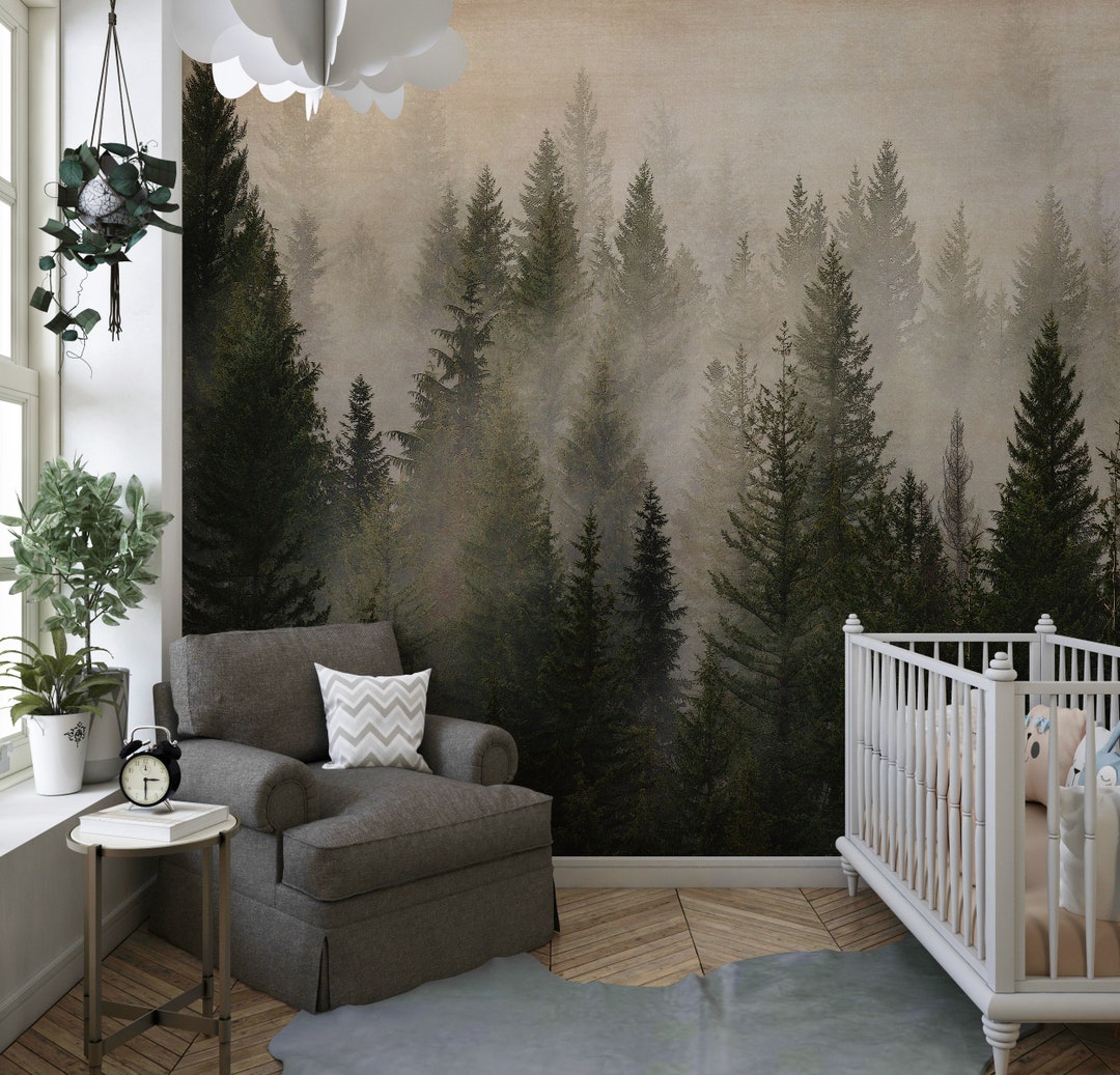 Misty Pine Tree Forest Landscape Wallpaper. Peel and Stick Wall Mural ...