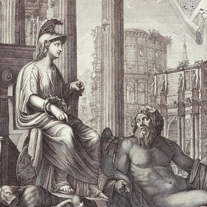 May include: A black and white engraving depicting a woman in a helmet and robe seated on a throne, with a man seated on the ground in front of her. The woman is holding a chain in her hand. The engraving is set against a background of a ruined building and a map.