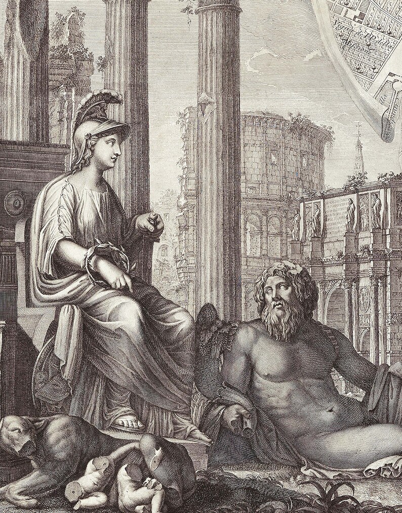 May include: A black and white engraving depicting a woman in a helmet and robe seated on a throne, with a man seated on the ground in front of her. The woman is holding a chain in her hand. The engraving is set against a background of a ruined building and a map.