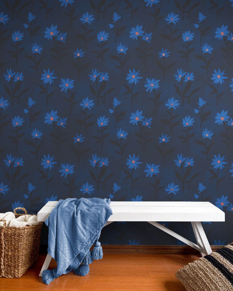 Dark Navy Blue Color Flower Wall Mural Pattern. Living Room, Bedroom ...