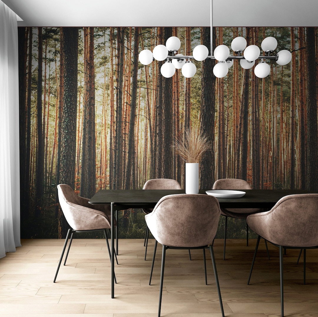 View of Forest Wallpaper Mural. Woodland Peel and Stick Wall Mural. Nature ...