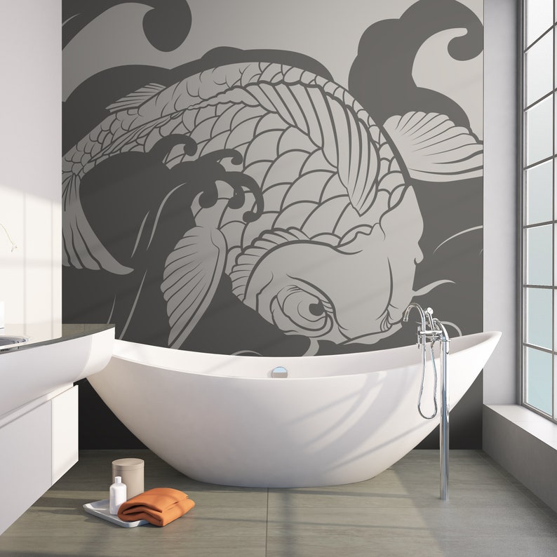 Koi Fish Wall Decal Sticker. Surfing Wall Decor. Ocean / Beach Wall Decal. Bathroom Wall Art. Tropical Wall Art. Koi Fish Art. OS_MB118 image 6