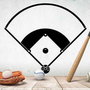 May include: A black and white baseball field graphic with a baseball bat and three baseballs. Two baseballs are in a brown leather baseball glove.