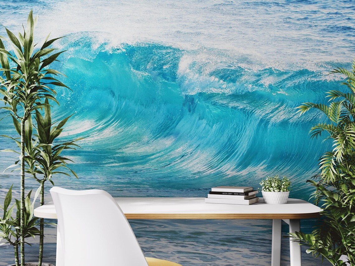 Blue Ocean Waves Wall Mural. Surfer Wall Art. Surf Wave Wallpaper Peel ...
