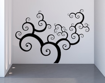 May include: Black and white wall decal of a stylized tree with swirling branches.