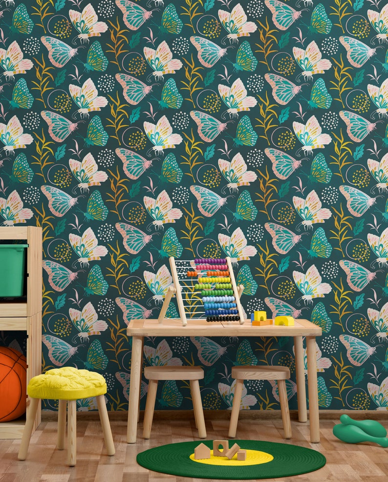 Butterfly Pattern Wall Mural Retro Green and Gold Color Butterfly ...