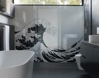 Japanese Great Wave Wall Decal Sticker. Shower Glass Door Sticker Decal. Asian Theme Wall Decor. Bathroom Wall Decor. #363