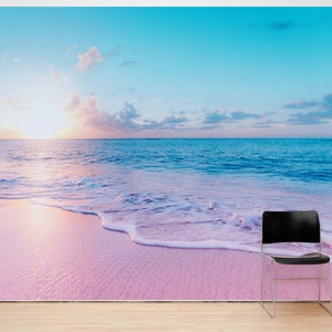 Sunset Beach Wallpaper Pastel Color, Pink, Blue, Peel and Stick Wall Mural. Bedroom, Bathroom, Office Decor Nursery Wallpaper. #6404