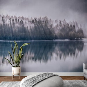 Pine Trees Forest Lake View Wall Mural Wallpaper. Landscape Wall Mural, Peel and Stick Wallpaper. #6754