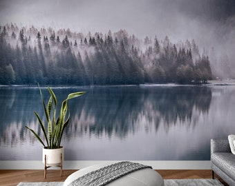 Pine Trees Forest Lake View Wall Mural Wallpaper. Landscape Wall Mural, Peel and Stick Wallpaper. #6754