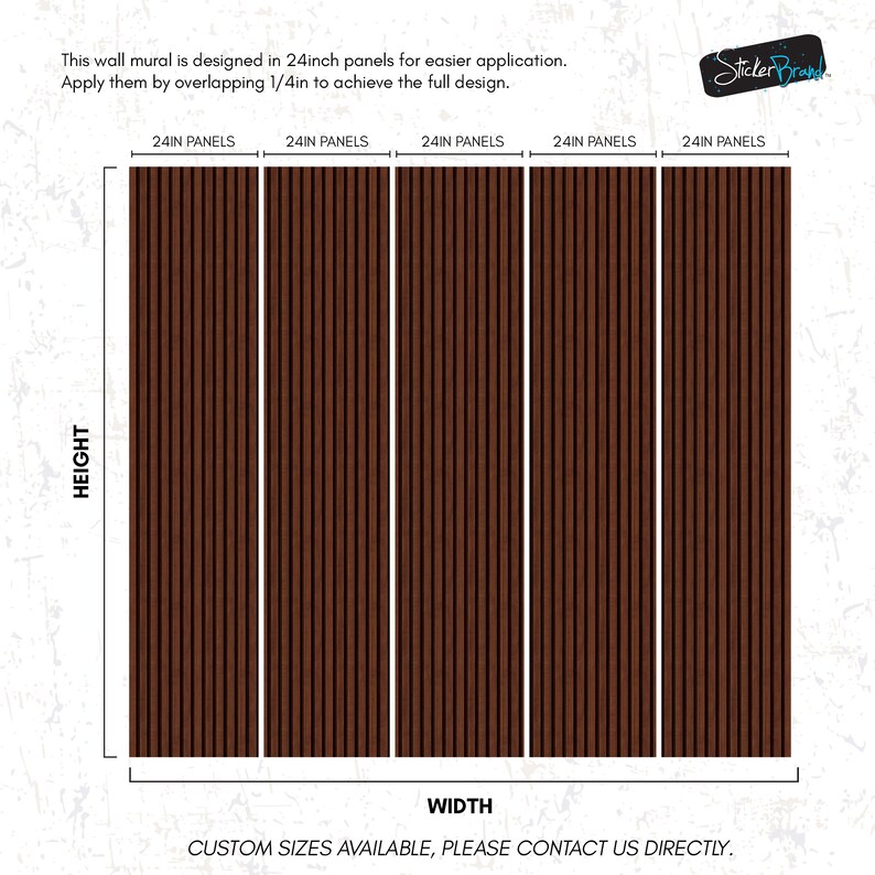 May include: A diagram showing how to install a wall mural using 24-inch panels. The text reads "This wall mural is designed in 24inch panels for easier application. Apply them by overlapping 1/4in to achieve the full design." and "CUSTOM SIZES AVAILABLE, PLEASE CONTACT US DIRECTLY."