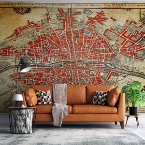 Carte vintage de Paris Papier peint Peel and Stick Mural Plattegrond van Parijs par Guillaume Delisle Wall Mural Print Rustic Wall Decor. #6312