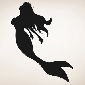 May include: Black silhouette of a mermaid with long flowing hair and a tail.