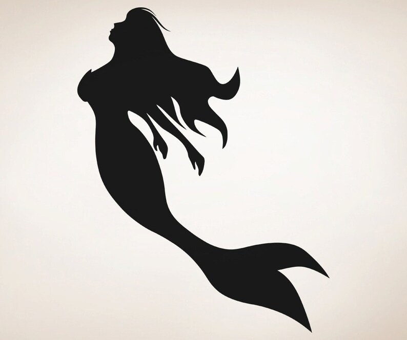 May include: Black silhouette of a mermaid with long flowing hair and a tail.