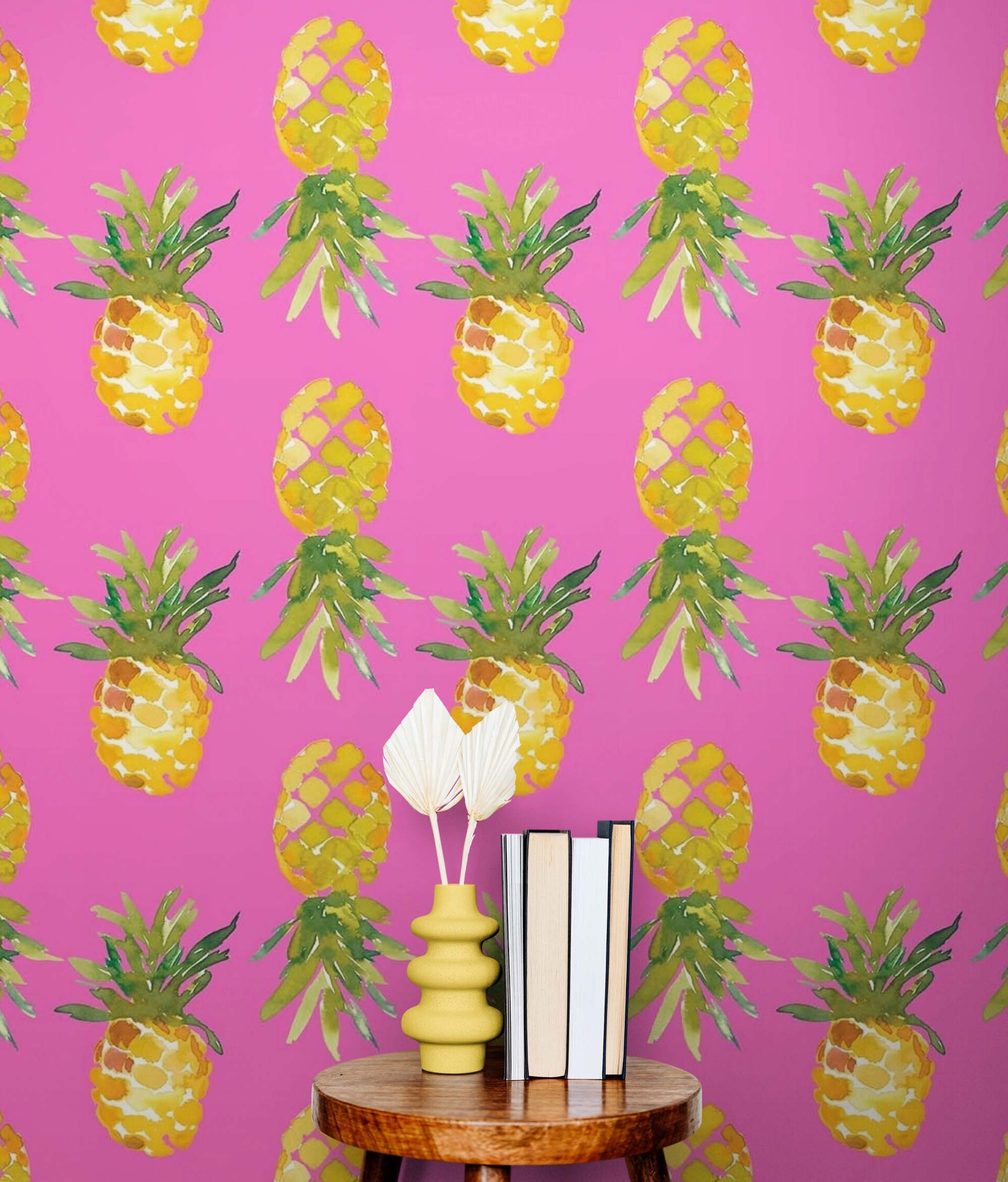 Pink Pineapple Wallpaper Playful Peel and Stick Wall Mural. Tropical Theme Wall Decor. Black / Pink / Purple Background Decor. #6538