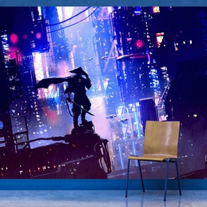 Tokyo City Japanese Samurai in Cyberpunk Futuristic Neon City of Japan Wall Mural Anime Synth Wave Retro Peel and Stick Wallpaper. #6452
