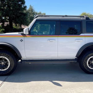 Ford Bronco 3 Color Bar Stripes Decal Sticker. 3M Premium Gloss Vinyl. Red, Orange, Yellow Racing Side Stripes. Retro Ivan Stewart Stripes. #6953