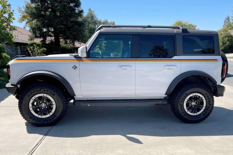 Ford Bronco 3 Color Bar Stripes Decal Sticker. 3M Premium Gloss Vinyl. Red, Orange, Yellow Racing Side Stripes. Retro Ivan Stewart Stripes. #6953