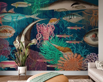 Vintage Retro Underwater Marine Sea Life Wall Mural Beach / Nautical / Marine Life Theme Peel and Stick Wall Mural Fisherman Wallpaper #6442