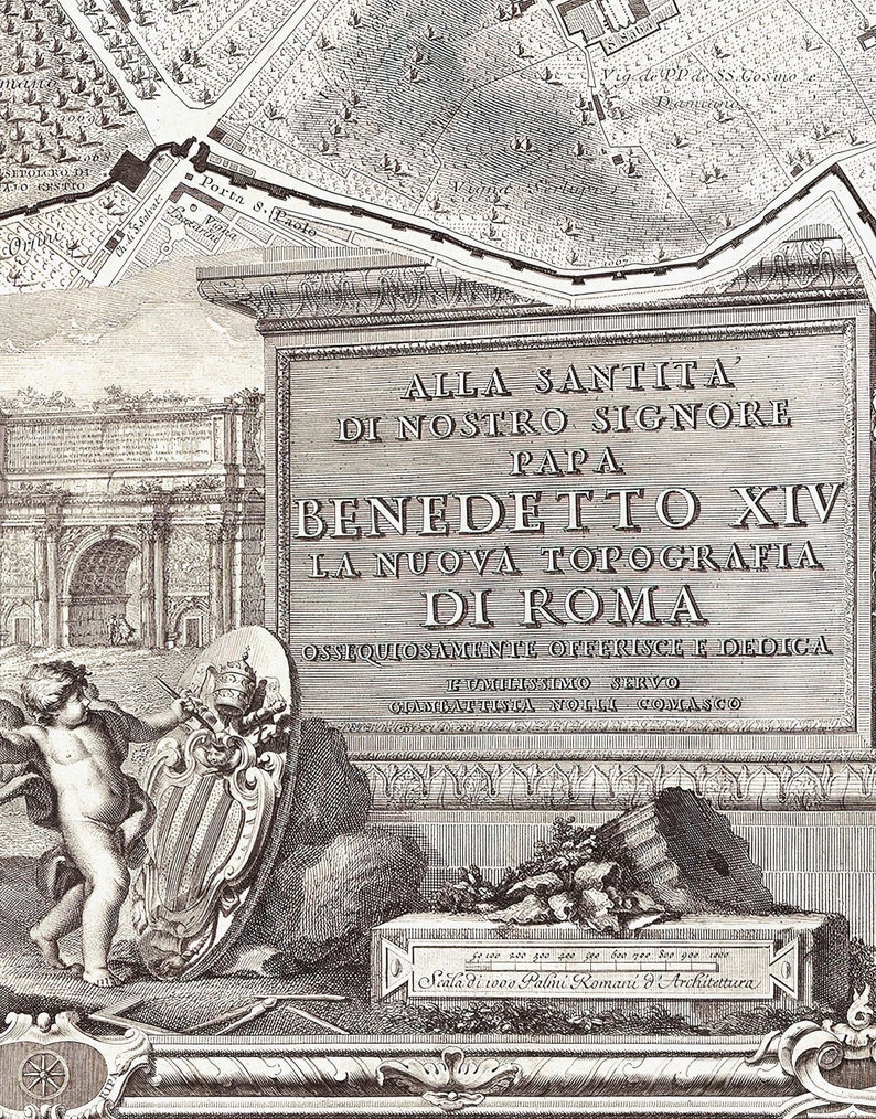 May include: A black and white engraving of a map of Rome, Italy. The map is dedicated to Pope Benedict XIV. The text reads "Alla Santit&agrave; di Nostro Signore Papa Benedetto XIV La Nuova Topografia di Roma Ossequiosamente Offreisce e Dedica L'Humilissimo Servo Giambattista Molli Comasco".