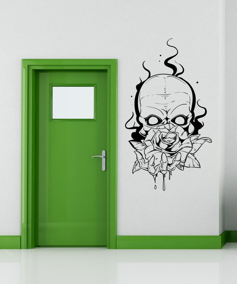 Vinyl Wall Decal Sticker Skull Holding Rose 1468s
