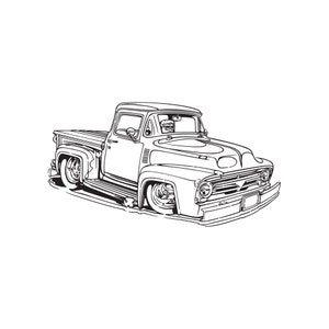 May include: Black and white line drawing of a vintage pickup truck. The truck has a long bed and a large grille. The truck is being driven by a person sitting in the driver's seat.