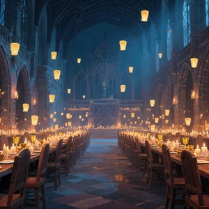 May include: An interior shot of a grand hall with long wooden tables set for a feast. Lit candles and floating lanterns illuminate the space, creating a warm, inviting atmosphere. Gold goblets and place settings adorn the tables.