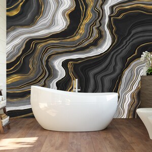 Marble Wallpaper Peel and Stick Mural Black Gold Abstract Marble Stone ...