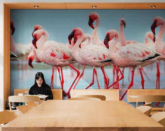 Mural de pared de flamencos rosas: papel pintado tropical autoadhesivo para dormitorio, baño, casa de playa o decoración veraniega. #7073