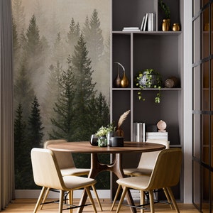 Misty Pine Tree Forest Landscape Wallpaper. Peel and Stick Wall Mural ...