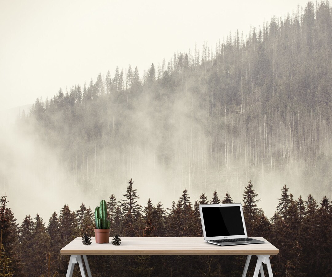 Foggy Misty Forest Mountain Wallpaper. Bedroom Peel and Stick Wallpaper ...
