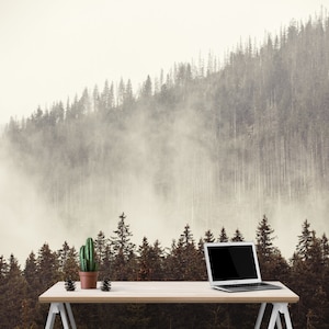 Foggy Misty Forest Mountain Wallpaper. Bedroom Peel and Stick Wallpaper. Bathroom Removable Wallpaper. Nursery Home Decor Wall Art. #6171